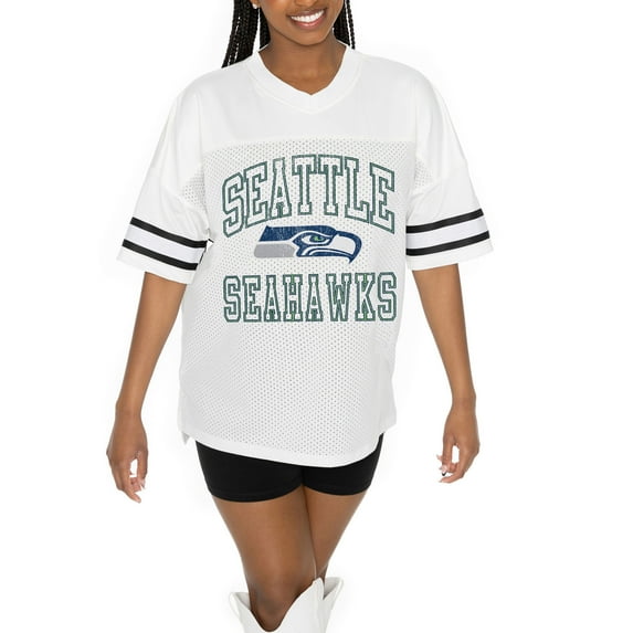 Women's Gameday Couture White Seattle Seahawks Oversized Sporty Mesh V-Neck Top
