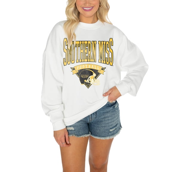 Women's Gameday Couture Southern Miss Golden Eagles White Oversized Drop Shoulder Fleece Drop Pullover Sweatshirt