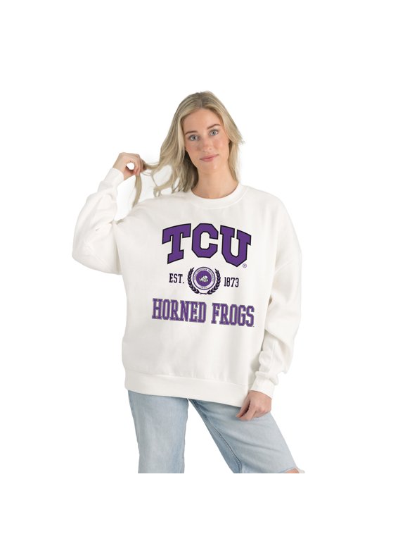 Women's Gameday Couture White TCU Horned Frogs Premium Fleece Drop Shoulder Oversized Pullover Sweatshirt