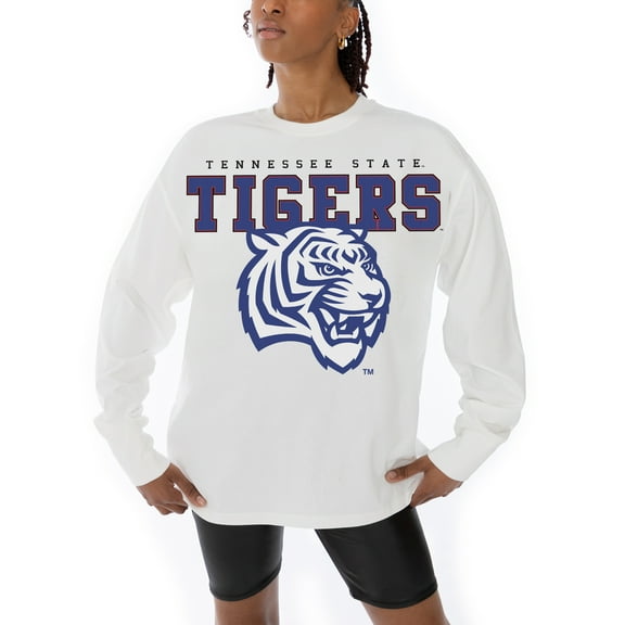 Women's Gameday Couture White Tennessee State Tigers Big Goals Oversized Long Sleeve T-Shirt