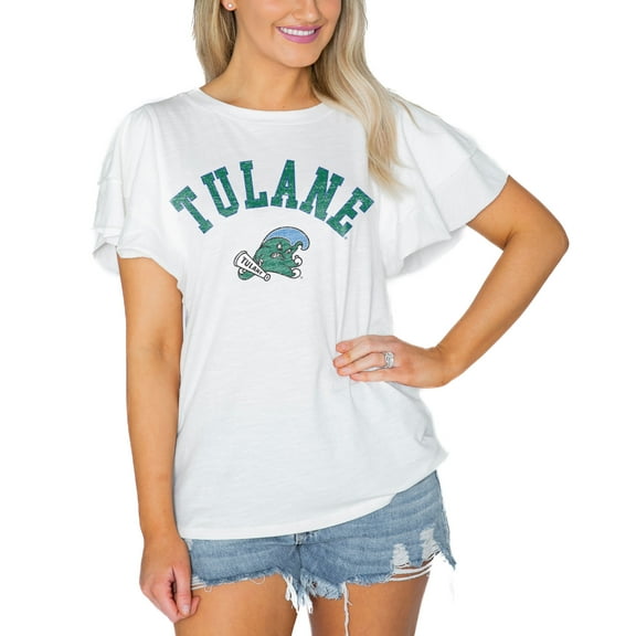Women's Gameday Couture  White Tulane Green Wave Arch Logo Flutter Sleeve Lightweight T-Shirt