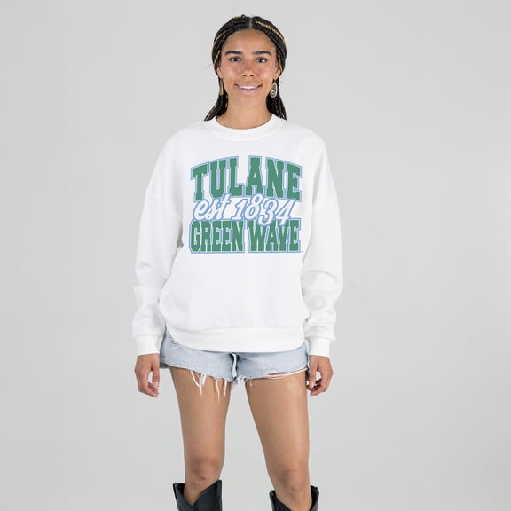 Women's Gameday Couture White Tulane Green Wave Oversized Faded Formation Premium Fleece Sweatshirt