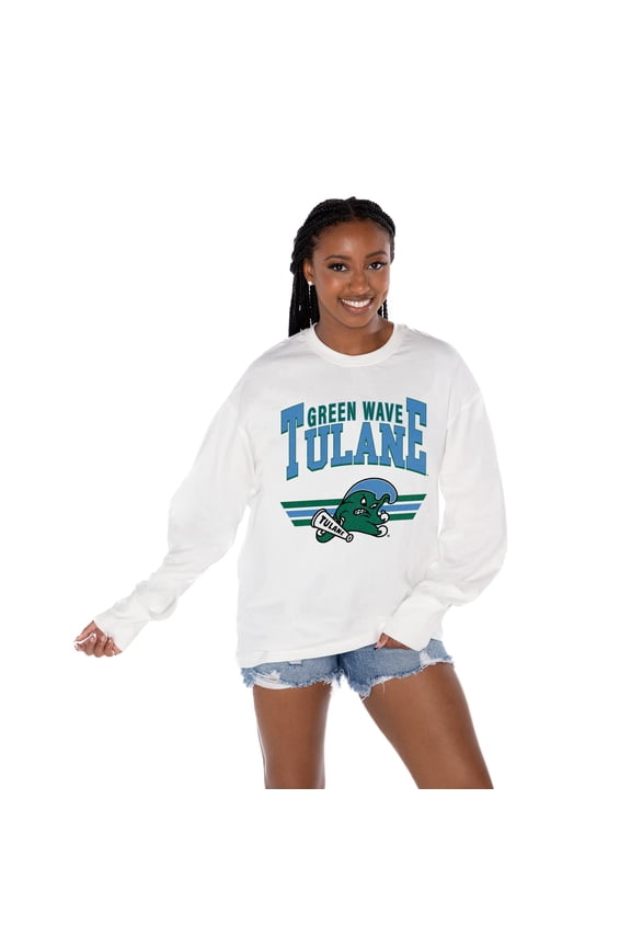 Women's Gameday Couture White Tulane Green Wave Oversized Swift Strike Long Sleeve T-Shirt