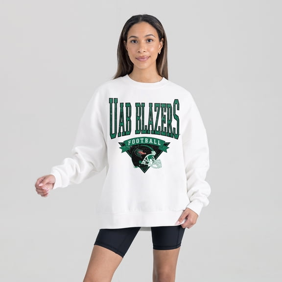 Women's Gameday Couture White UAB Blazers Oversized Good Vibes Premium Fleece Drop Shoulder Pullover Sweatshirt