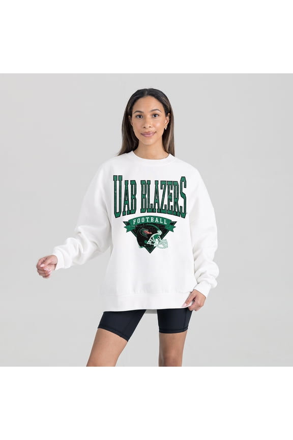 Women's Gameday Couture White UAB Blazers Oversized Good Vibes Premium Fleece Drop Shoulder Pullover Sweatshirt