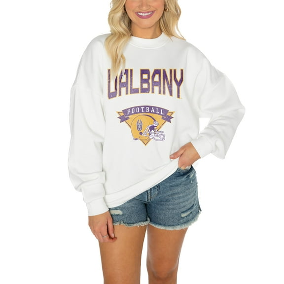 Women's Gameday Couture UAlbany Great Danes White Oversized Drop Shoulder Fleece Drop Pullover Sweatshirt