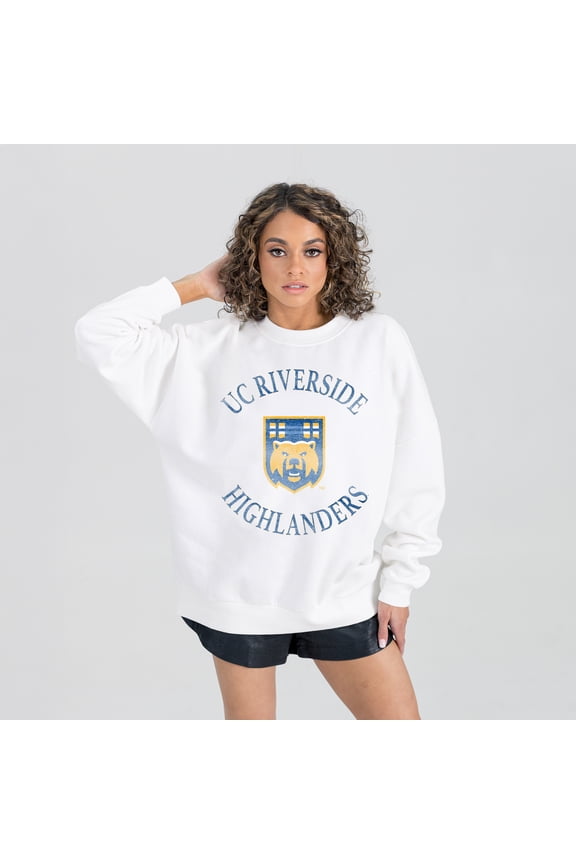 Women's Gameday Couture White UC Riverside Highlanders Oversized Good Vibes Premium Fleece Drop Shoulder Pullover