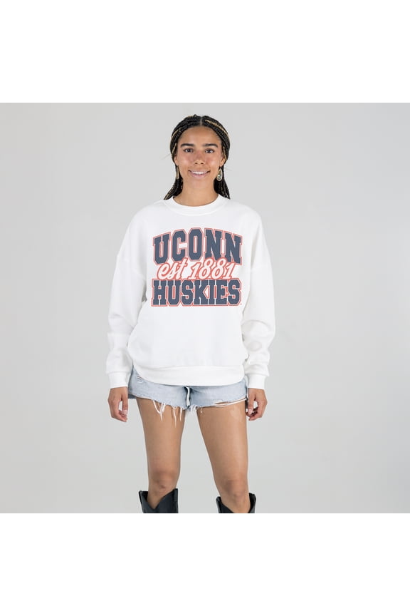 Women's Gameday Couture White UConn Huskies Oversized Faded Formation Premium Fleece Sweatshirt