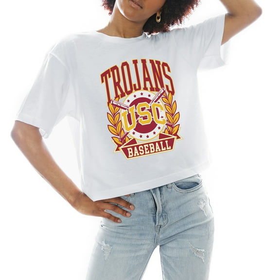 Women's Gameday Couture White USC Trojans Baseball Boxy Fit Cropped T-Shirt