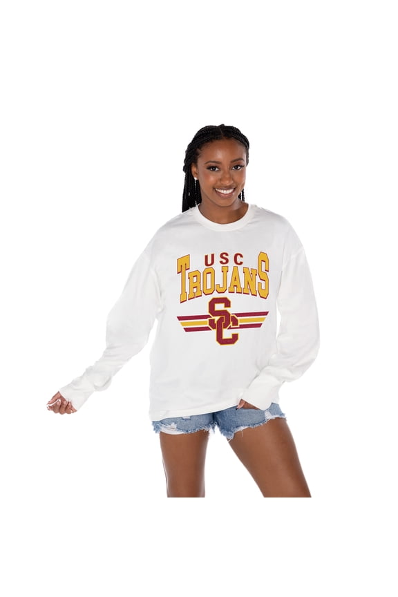 Women's Gameday Couture White USC Trojans Oversized Swift Strike Long Sleeve T-Shirt
