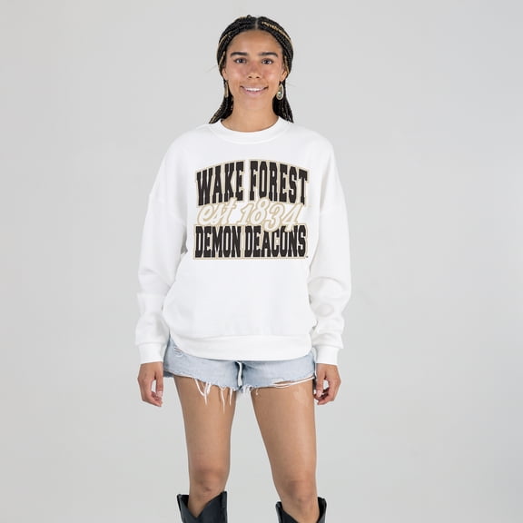 Women's Gameday Couture White Wake Forest Demon Deacons Oversized Faded Formation Premium Fleece Sweatshirt