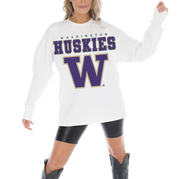 Women's Gameday Couture White Washington Huskies Big Goals Oversized Long Sleeve T-Shirt