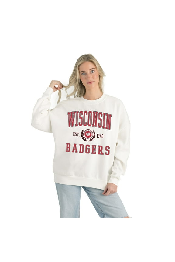 Women's Gameday Couture White Wisconsin Badgers Premium Fleece Drop Shoulder Oversized Pullover Sweatshirt
