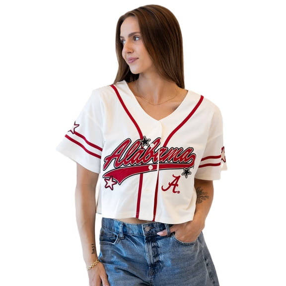 Women's Gameday Social Off White Alabama Crimson Tide Cropped Patch Baseball Fashion Jersey