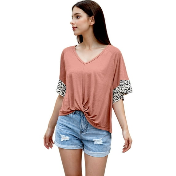 Women's Gathered Front Knot Leopard Back Print Top- X Large,Mauve Pink