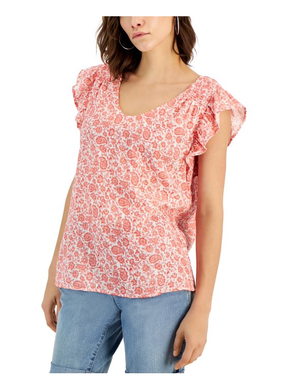 Women's Gauze Flutter-Sleeve Top Floral Coral M