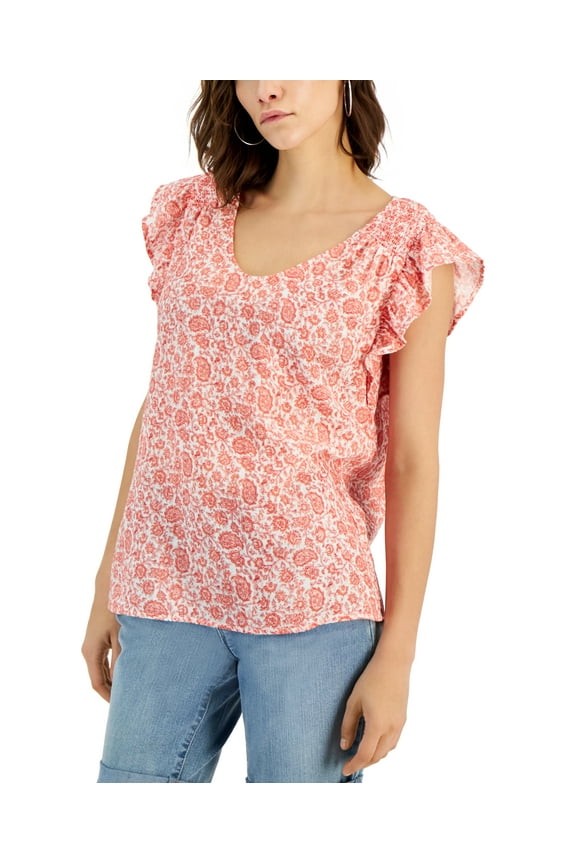 Women's Gauze Flutter-Sleeve Top Floral Coral M