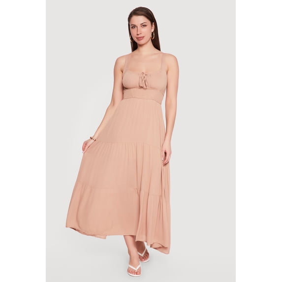 Women's Gauze Knit Keyhole Detail Side Slit Tiered Midi Dress