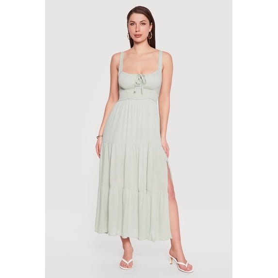 Women's Gauze Knit Keyhole Detail Side Slit Tiered Midi Dress