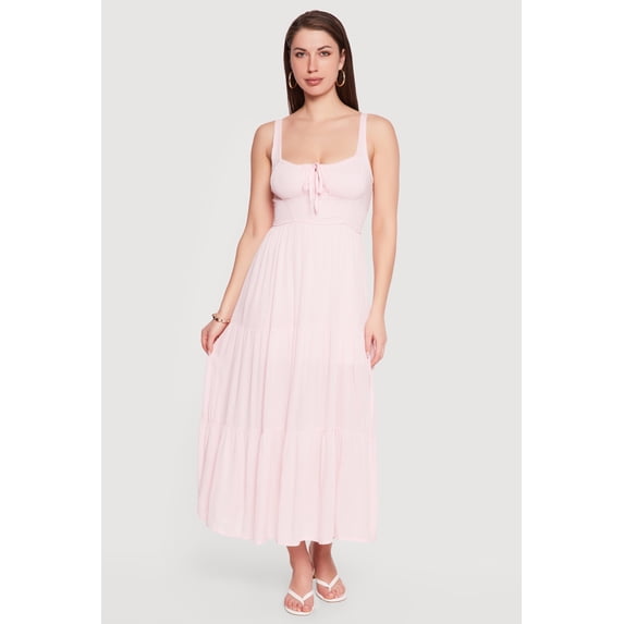 Women's Gauze Knit Keyhole Detail Side Slit Tiered Midi Dress