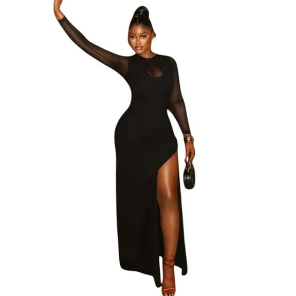 Women's Gauze Spliced Hollow-Out O-Neck Long Sleeve Hips Wrapped Split Long Dress, Solid Color