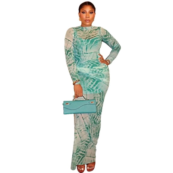 Women's Gauze Spliced Turtleneck Long Sleeve Pleated Waistband Hips Wrapped Long Dress