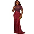 thumbnail image 1 of Women's Gauze Spliced Turtleneck Short Sleeve Pleated Waistband Irregular Long Dress, Hips Wrapped, 1 of 19