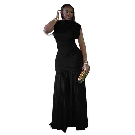 Women's Gauze Spliced Turtleneck Sleeveless Pleated Hips Wrapped Long Dress, Solid Color