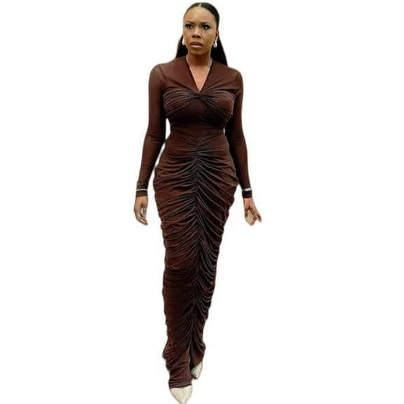 Women's Gauze Spliced V-Neck Long Sleeve Pleated Hips Wrapped Long Dress, Solid Color
