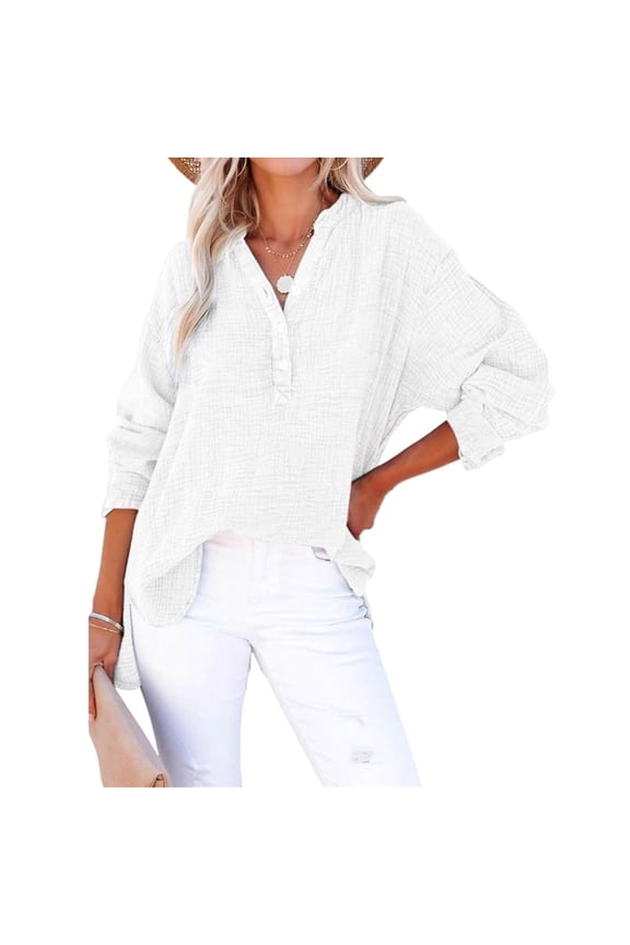 Women's Gauze Tops Casual V Neck Button Down Long Sleeve Blouses Lightweight Summer Tunic White M