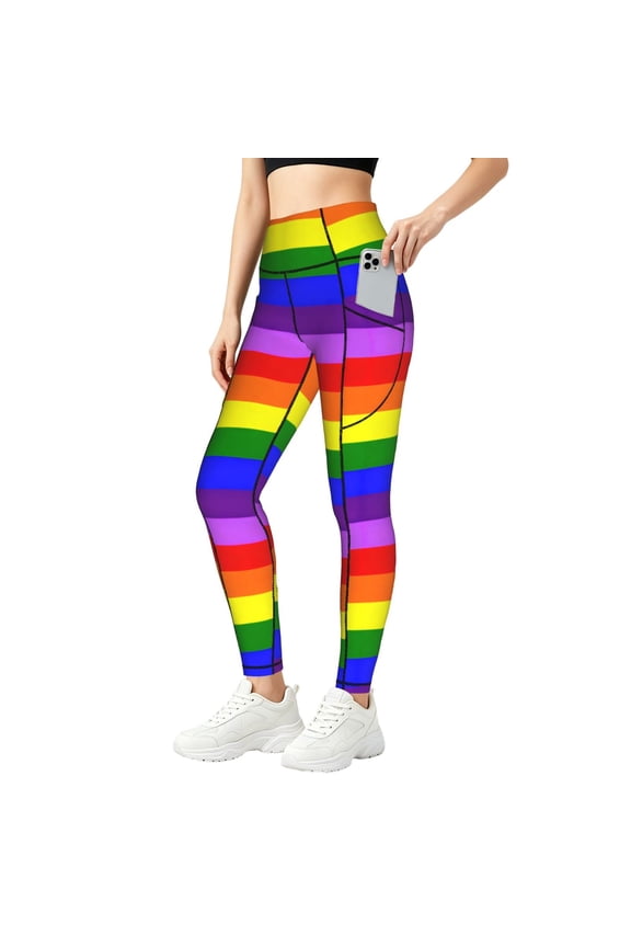Women's Gay-Pride Flag High Waisted Yoga Leggings with Pockets, Tummy Control Non See Yoga Pants Small