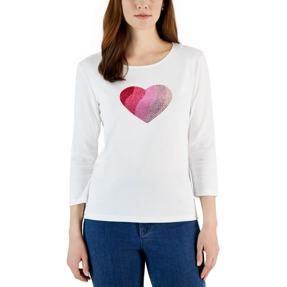 Women's Gem Heart Graphic Pullover Top Bright White M