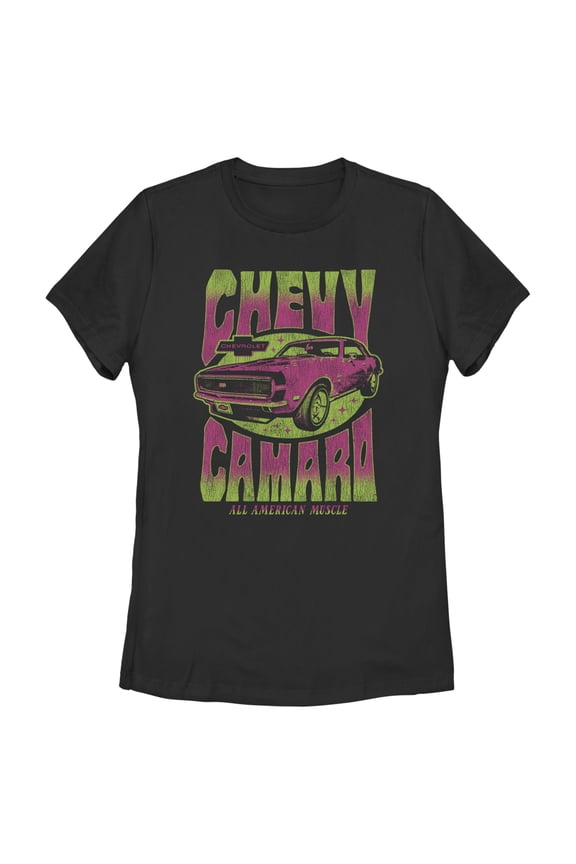 Women's General Motors Retro Pink and Green Chevy Camaro Graphic Tee Black Medium