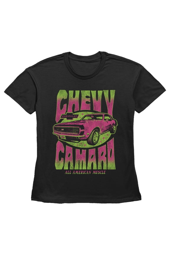Women's General Motors Retro Pink and Green Chevy Camaro Graphic Tee Black X Small
