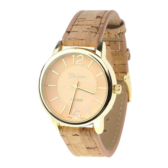 Women's Geneva Japanese Movement Gold-Tone Wood Look Faux Leather Band Watch