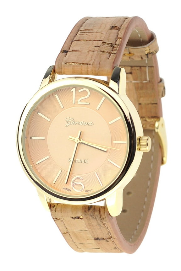 Women's Geneva Japanese Movement Gold-Tone Wood Look Faux Leather Band Watch