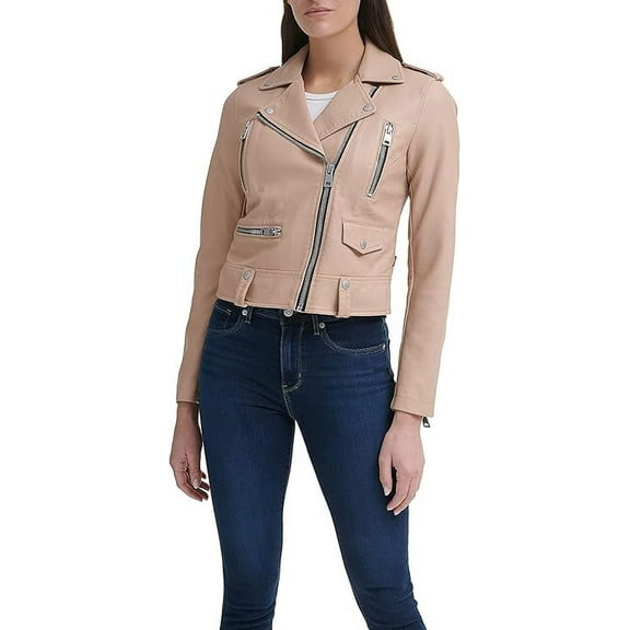 Women's Genuine Baby pink Lambskin Leather Jacket Motorcycle Slim fit Biker Jacket W425