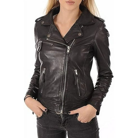 Women's Genuine Black Lambskin Collared Leather Jacket Motorcycle Slim Fit Biker Jacket W561
