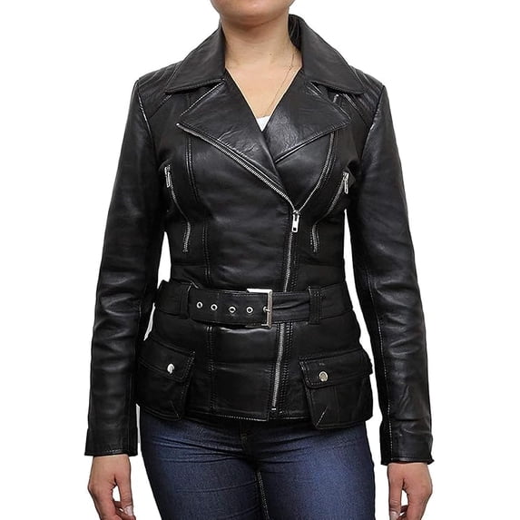 Women's Genuine Black Lambskin Leather Jacket Belted Motorcycle Slim Fit Biker Jacket W447