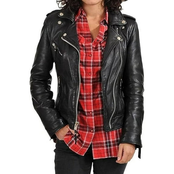 Women's Genuine Black Lambskin Leather Jacket Motorcycle Slim fit Biker Collared Jacket W306