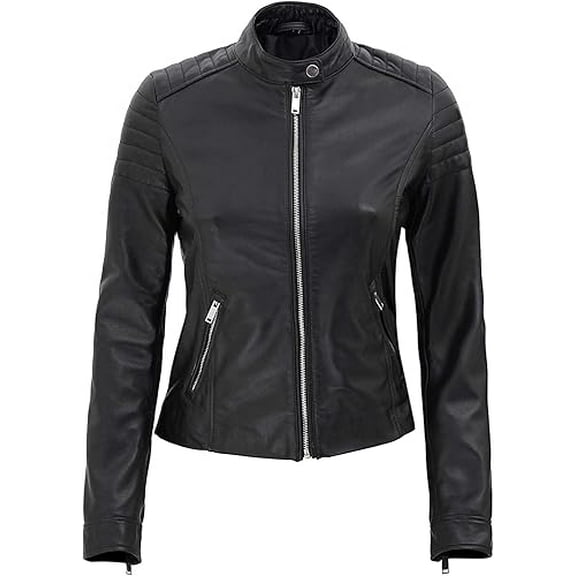 Women's Genuine Black Lambskin Leather Jacket Motorcycle Slim fit Biker Jacket W498