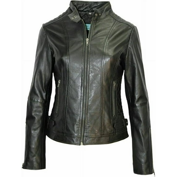Women's Genuine Black Lambskin Leather Motorcycle Jacket Christmas Stylish Coat W407