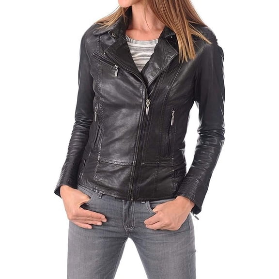 Women's Genuine Black Lambskin Leather Motorcycle Jacket Christmas Stylish Coat W702