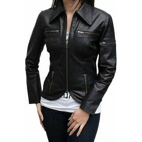 Women's Genuine Black Lambskin Leather Motorcycle Jacket Stylish Coat W486