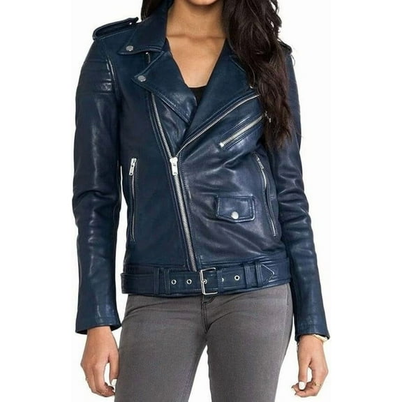 Women's Genuine Blue Lambskin Leather Jacket Motorcycle Slim fit Biker Collared Jacket W476