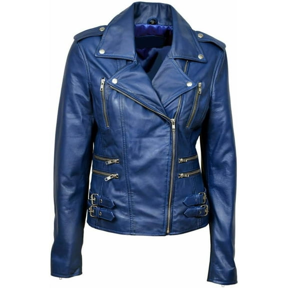 Women's Genuine Blue Lambskin Leather Motorcycle Jacket Christmas Stylish Coat W384