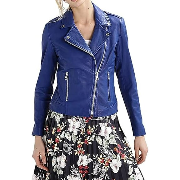 Women's Genuine Blue Lambskin Leather Motorcycle Jacket Christmas Stylish Coat W549