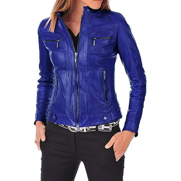 Women's Genuine Blue Lambskin Leather Motorcycle Jacket Stylish Coat W715