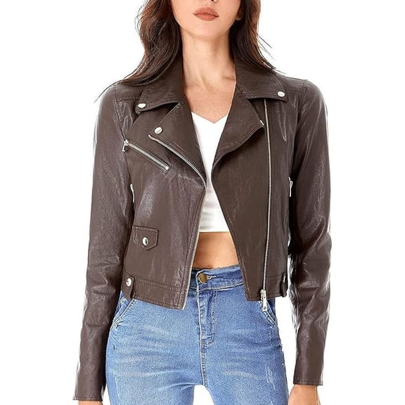 Women's Genuine Brown Lambskin Leather Jacket Motorcycle Biker Leather Jacket W417