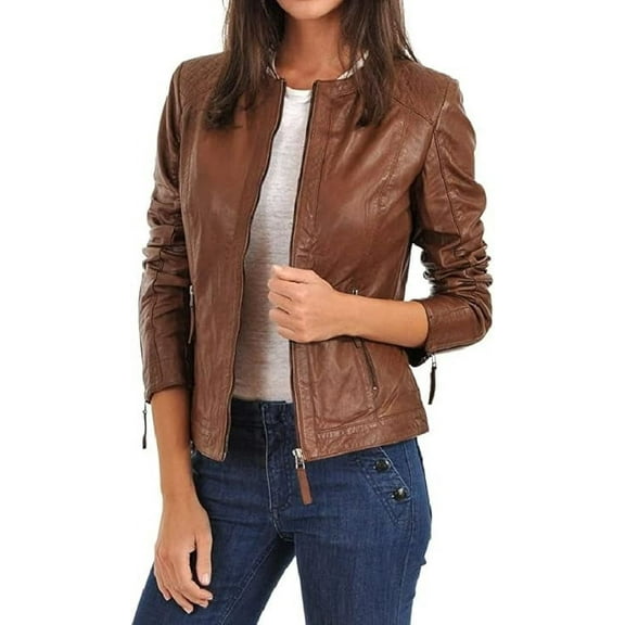 Women's Genuine Brown Lambskin Leather Motorcycle Jacket Stylish Coat W278